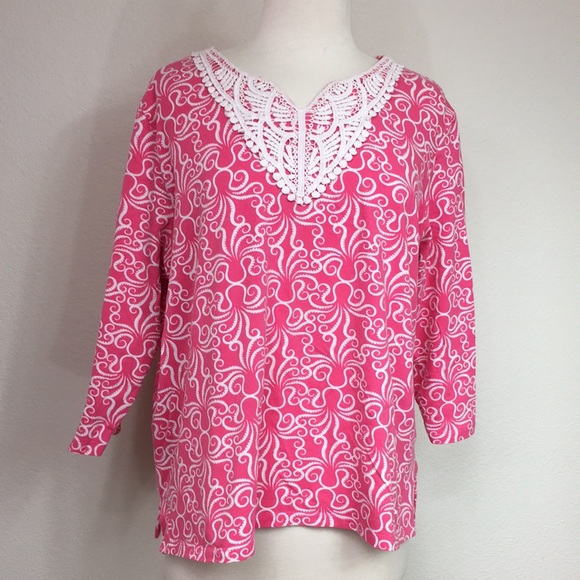 3/$35 Alfred Dunner Pink Swirl Crochet 3/4 Sleeve Top XL - Picture 1 of 11